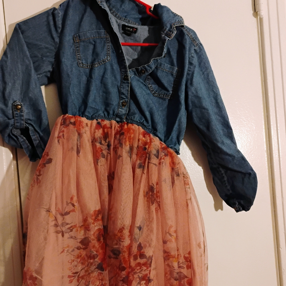 Girls' Denim-Style Top with Pink Floral Tulle Skirt Dress